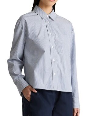Quince 100% Organic Cotton Poplin Cropped Long Sleeve Shirt Light Blue Stripe L